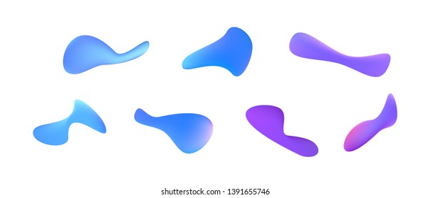 Many orange and green gradient plastic abstract shapes. Set of stylish fluid forms in the form of drops. Vector illustration isolated on white background. 