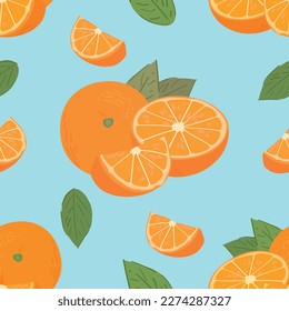 Many oranges on light blue background. Seamless pattern for desi