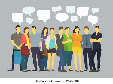 Many ordinary people crowd talking. Communication with speech bubbles.