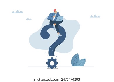 Many organizational questions, Learning to solve problematic questions in business work, Thinking process or analyzing business answers, Businessman with laptop sitting on big question mark.