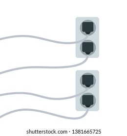 Many outlets to plug with the wires. Electrical socket. Household appliance at home. High voltage and current. The load on the system. Cartoon flat illustration