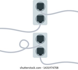 Many outlets to plug with the wires. Electrical socket. High voltage and current. The load on the system. Cartoon flat illustration. Household appliance at home