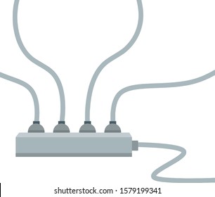 Many outlets to plug with wires. Electrical socket. load on system. Cartoon flat illustration. Household appliance at home. High voltage and current