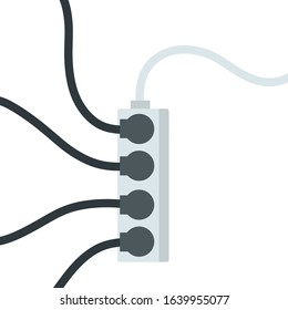 Many outlets to plug with wires. load on system. Cartoon flat illustration. Household appliance at home. High voltage and current. Electrical socket