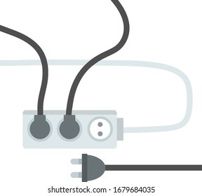 Many outlets to plug with wires. load on system. Cartoon flat illustration. High voltage and current. Electrical socket. Household appliance at home