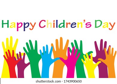 Se levantan muchas manos de niños pintados. Grupo de niños graciosos con los manos dibujadas. Niños alegres levantan la mano con el Día Mundial del Niño el 1 de junio. Ilustración vectorial.