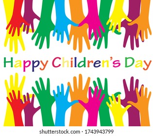 Many painted children's hands are raised up. Group of funny children with hand-drawn. Cheerful children raise their hands with the World Children's Day on June 1. Vector illustration.