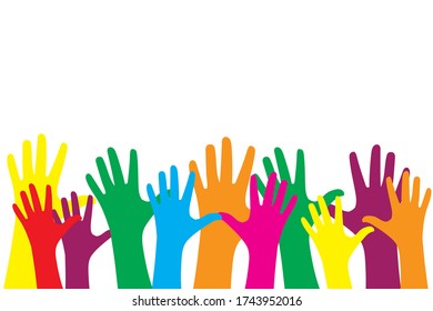 Many painted children's hands raised up. Group of funny children with painted hands. Funny children hands up. World Children's Day June 1. Vector illustration.