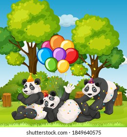 Many pandas in party theme in nature forest background illustration
