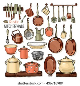 Many pans hanging in a rustic kitchen. Vector sketchy collection with pots, frying-pans, knifes, teapot isolated on white background