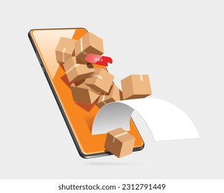 Many parcel boxes or cardboard box are crowded on  smartphone screen and bills flow out to convey promotional period that customers order online on smartphone, vector 3d for delivery, online shopping