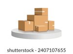 Many parcel boxes or cardboard boxes place arranged in a row on round podium or circle platform for delivery, online shopping, e commerce, Logistics, vector 3d isolated on white background for design