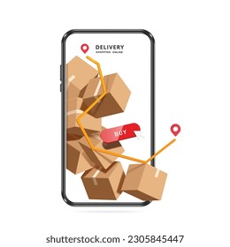 Many parcel boxes or cardboard boxes, yellow path ,Pin the red mark, red buy button appears on the smartphone screen, vector 3d isolated for logistic, e commerce ,delivery ,online shopping concept