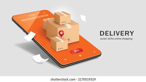 Many parcel boxes are placed on smartphones orange screen and have pin location in place and receipt paper floated in air around,vector 3d isolated on white background for online shopping and delivery