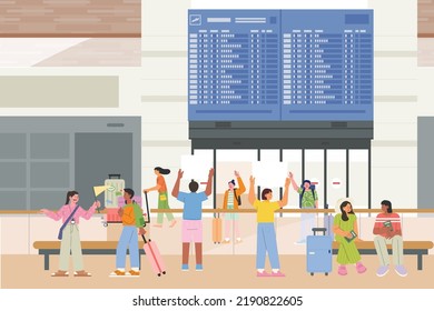 Many Passengers Are Coming Out Of The Airport Departure Hall. People Waiting For Friends Are Waving Their Hands. Flat Design Style Vector Illustration.