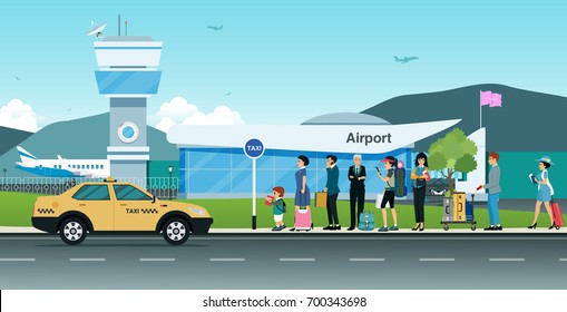 Many passengers are waiting for a taxi in front of the airport.