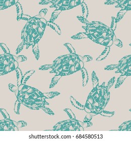 Many pastel blue turtles on sand vector seamless background. Vector illustration for print, paper, textile.
