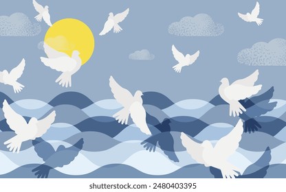 Many peaceful and free birds fly over the sea on a sunny summer day. Vector.