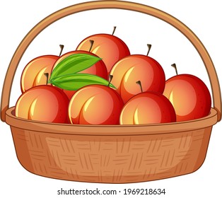Many peaches in wooden basket isolated on white background illustration