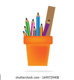 Many pencils and color pencil are in a yellow cup on white background.