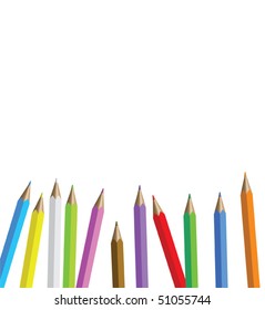 Many pencils of different colors on a over white background