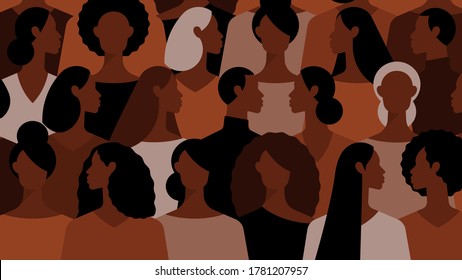 Many People African-American Ethnicity. Crowd Of Black People, Men And Women. Diversity Group Of People. Different Hairstyle, Clothes, Ages. Modern Vector Illustration, Background With Human Figures.