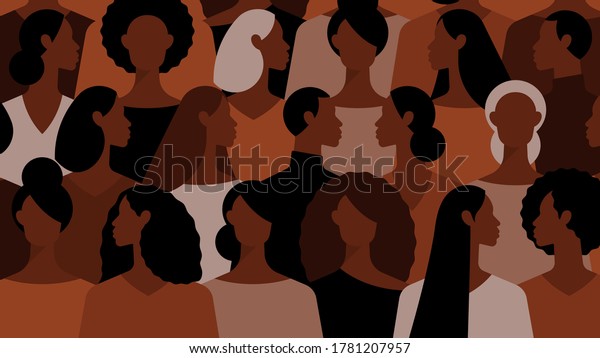 Many people African-American ethnicity. Crowd of\
black people, men and women. Diversity group of people. Different\
hairstyle, clothes, ages. Modern vector illustration, background\
with human figures.