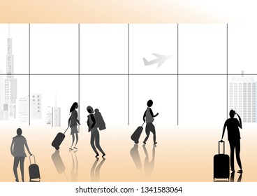 Many people at airport terminal background