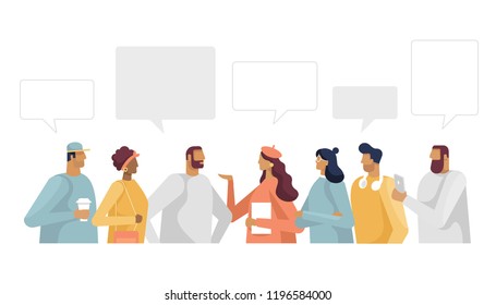 Many people chatting with speech bubbles. Set of young men and women character. Design template for your banner or poster. Place for your text. Vector illustration in flat design, isolated