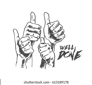 Many people congratulate a winner and holding their thumbs up, Hand Drawn Sketch Vector illustration.