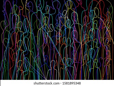 many people, crowd concept, color of inner world of each person, vector