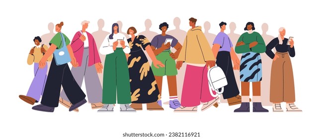 Many people, crowd going in different directions, on various businesses. Diverse men, women citizens walking, standing with phones, waiting. Flat vector illustration isolated on white background