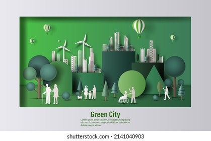 Many people doing activities, enjoy their life in a dream city, save the planet and energy concept, paper illustration, and 3d paper.