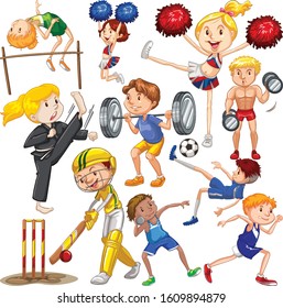Many people doing different sports illustration