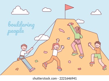 Many people are doing indoor rock climbing. They are going up to the flag. flat vector illustration.