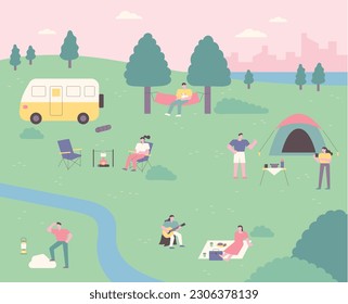 Many people enjoy camping in the large park. Camper, tent, barbecue, picnic.