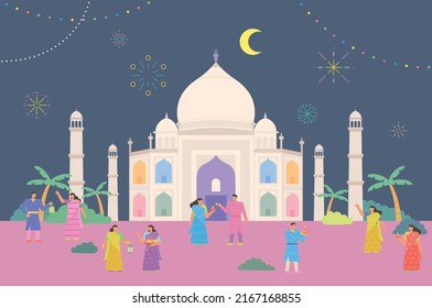 Mucha gente disfruta del festival frente al Taj Mahal en India. ilustración vectorial de estilo de diseño plano. Vector de stock