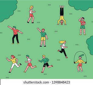 Many people exercising in the park lawn. flat design style minimal vector illustration