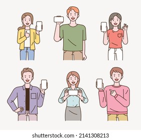 Many people are explaining with cell phones in their hands. flat design style vector illustration.