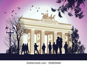 Many people gathered at the square near the Brandenburger Gate ancient gateway to Berlin, Germany