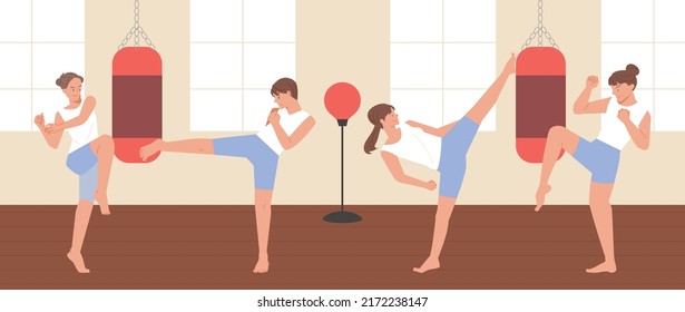 Many people in the gym are doing kickboxing. flat design style vector illustration.