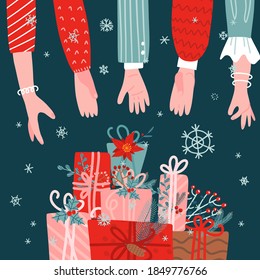 Many people hands reaching for the stack of gift boxes on green background. Christmas presents greeting card. Hand drawn flat vector illustration