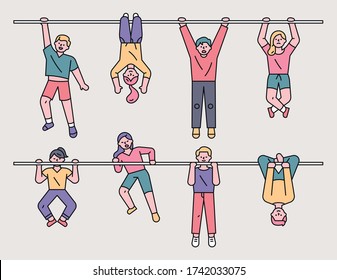 Many people are hanging on the iron bar in various poses. flat design style minimal vector illustration.