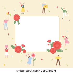 Many people have fun holding carnations around a large message card. flat design style vector illustration.