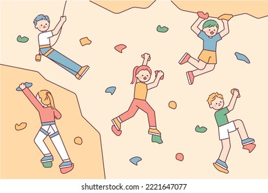 Many people are having fun doing indoor rock climbing. outline simple vector illustration.