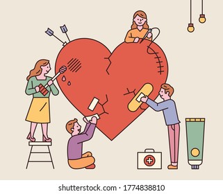 Many People Heal Massive Heart Wounds Together. Flat Design Style Minimal Vector Illustration.