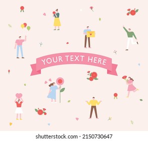 Many people are holding flowers and are happy. Small simple icon pattern style vector illustration.