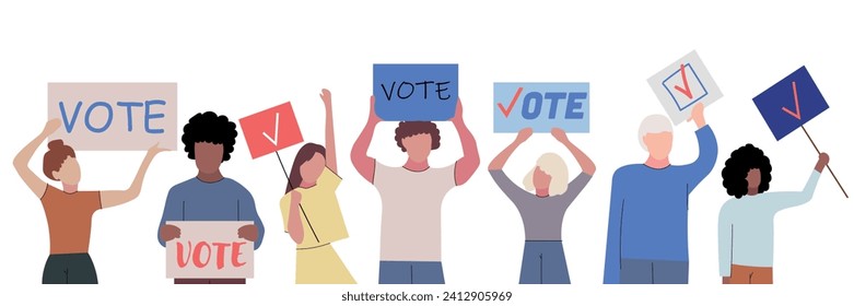 Many people holding papers with text VOTE on white background