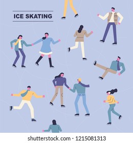 Muchas personas patinan sobre hielo. ilustración gráfica vectorial de estilo plano. la gente se pone.