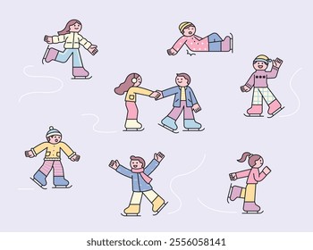 Many people are ice skating on the frozen lake. Cuttiny outline character illustration.